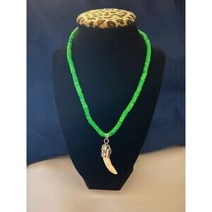 Green Heishi Beaded Tusk Pendant Necklace